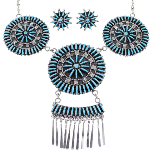 Southwest Turquoise Needlepoint Sterling Silver Necklace And Earring Set EX54075