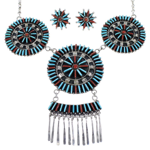 Southwest Turquoise Coral Needlepoint Silver Necklace And Earring Set EX54077