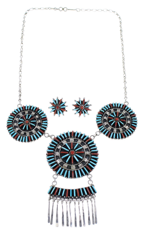 Southwest Turquoise Coral Needlepoint Silver Necklace And Earring Set EX54077