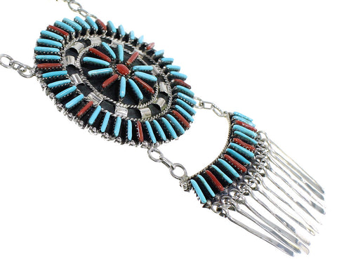 Southwest Turquoise Coral Needlepoint Silver Necklace And Earring Set EX54077