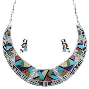 Multicolor Southwest Water Wave Sterling Silver Necklace And Earrings Set CX53608