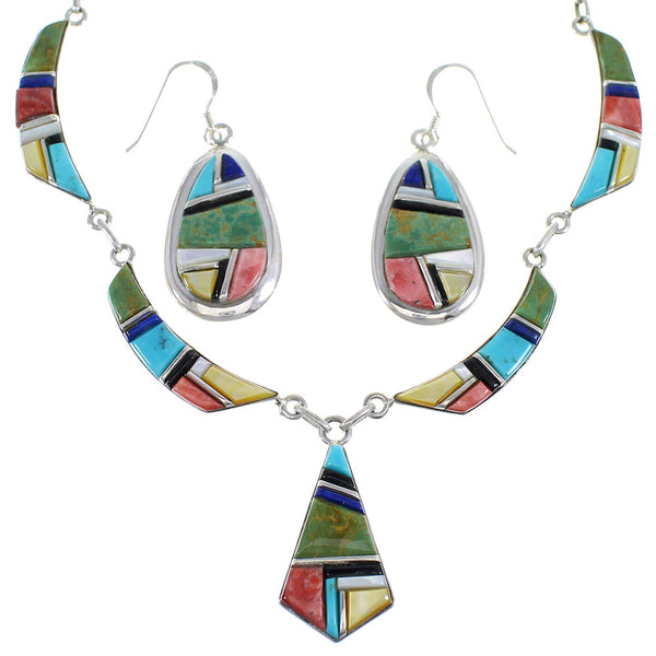 Multicolor Inlay Sterling Silver Southwestern Necklace And Earrings Set EX54157