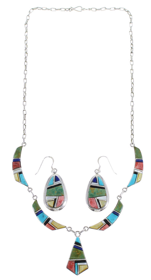 Multicolor Inlay Sterling Silver Southwestern Necklace And Earrings Set EX54157