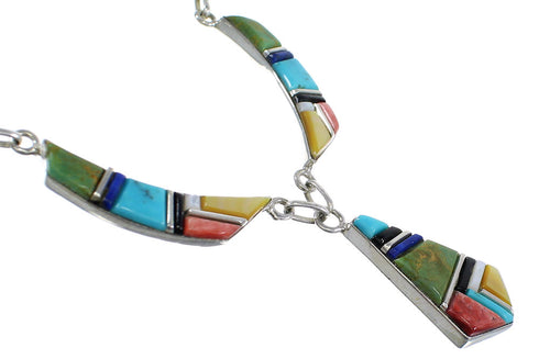 Multicolor Inlay Sterling Silver Southwestern Necklace And Earrings Set EX54157