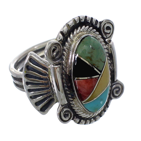 Genuine Sterling Silver Multicolor Inlay Ring Size 5-1/4 EX56229