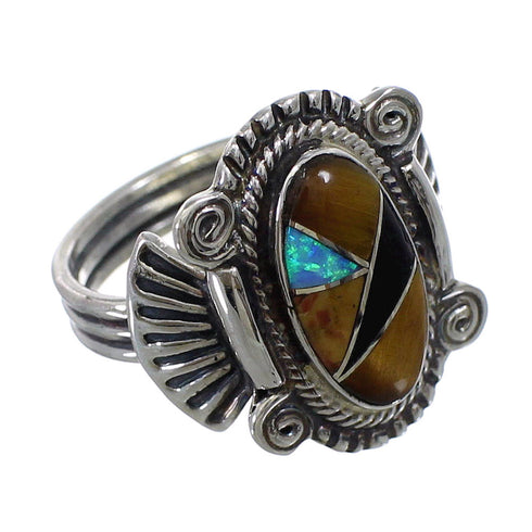 Multicolor Inlay Sterling Silver Southwest Ring Size 7-3/4 EX56284