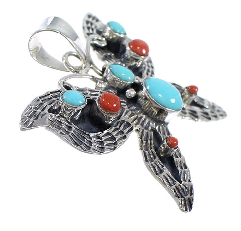 Southwest Sterling Silver Turquoise And Coral Butterfly Pendant VX55131