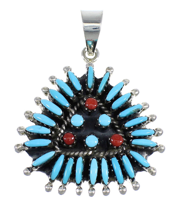Genuine Sterling Silver Turquoise And Coral Needlepoint Pendant VX54952