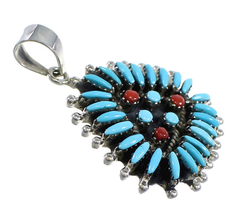 Genuine Sterling Silver Turquoise And Coral Needlepoint Pendant VX54952