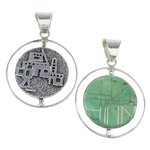 Turquoise Inlay And Native American Pueblo Sterling Silver Reversible Pendant VX55807