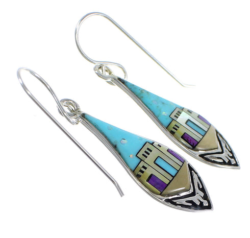 Multicolor Genuine Sterling Silver Native American Pueblo Design Hook Dangle Earrings VX55883