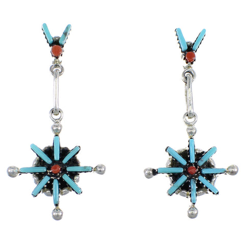 Turquoise Coral Needlepoint Sterling Silver Post Dangle Earrings RX55990