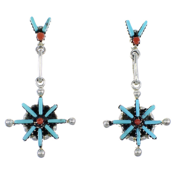Turquoise Coral Needlepoint Sterling Silver Post Dangle Earrings RX55990