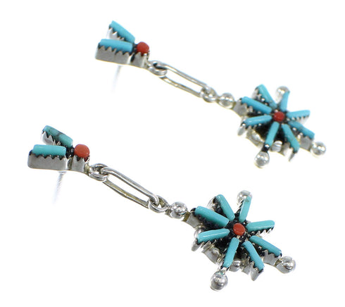 Turquoise Coral Needlepoint Sterling Silver Post Dangle Earrings RX55990