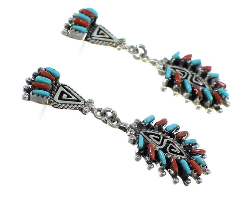 Turquoise And Coral Needlepoint Sterling Silver Water Wave Post Dangle Earrings RX55992