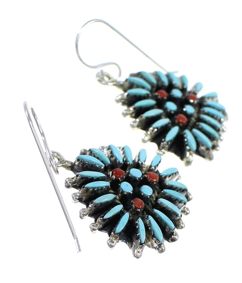 Turquoise Coral Needlepoint Sterling Silver Hook Dangle Earrings RX56860