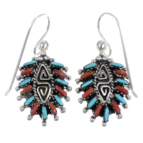 Turquoise Coral Needlepoint Water Wave Sterling Silver Hook Dangle Earrings RX56890