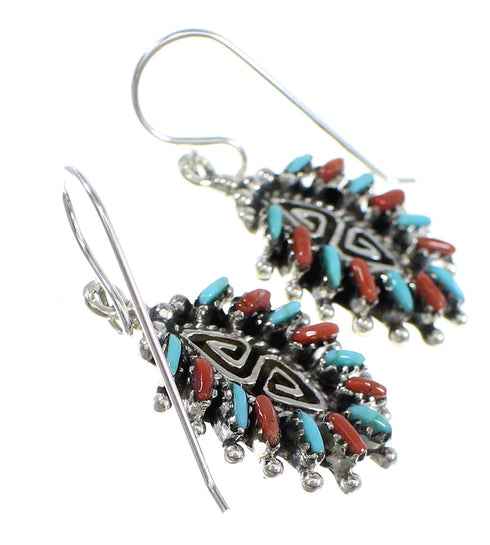 Turquoise Coral Needlepoint Water Wave Sterling Silver Hook Dangle Earrings RX56890