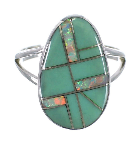 Turquoise And Opal Inlay Sterling Silver Ring Size 7-1/4 RX57768
