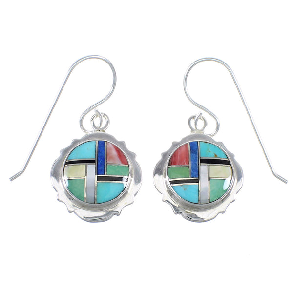 Multicolor Inlay Southwest Sterling Silver Hook Dangle Earrings WX57506