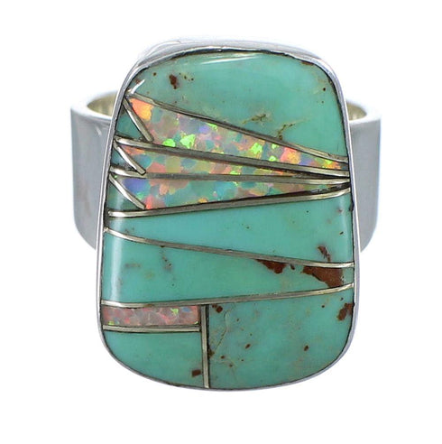 Turquoise And Opal Inlay Jewelry Southwestern Silver Ring Size 5-1/2 AX83310