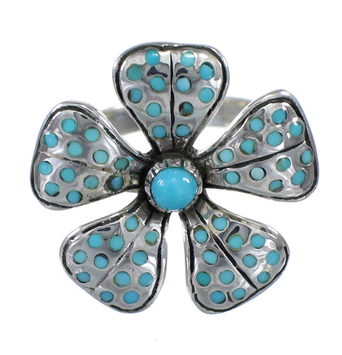 Southwest Authentic Sterling Silver And Turquoise Inlay Flower Ring Size 5 RX88391