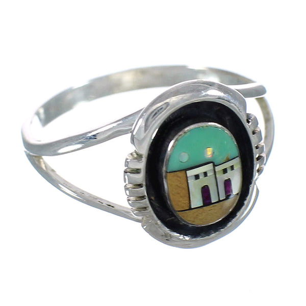 Native American Village Design Sterling Silver Multicolor Ring Size 7-1/2 YX77823