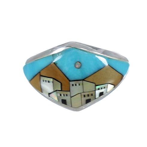 Southwestern Native American Village Design Multicolor Silver Ring Size 7-1/2 YX77916