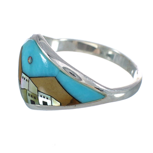 Southwestern Native American Village Design Multicolor Silver Ring Size 7-1/2 YX77916