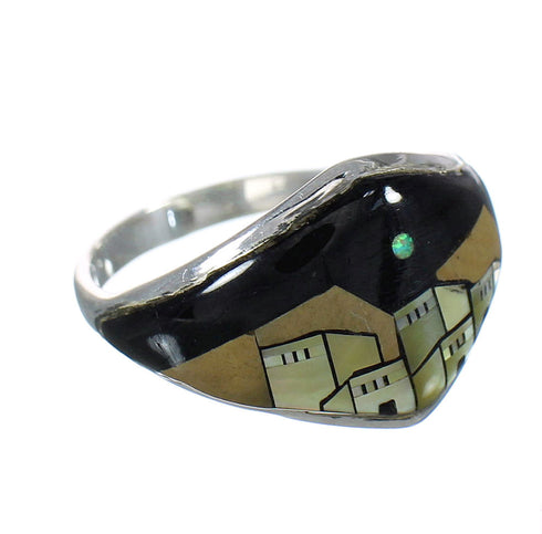 Silver And Multicolor Inlay Native American Pueblo Design Ring Size 7-3/4 YX78173