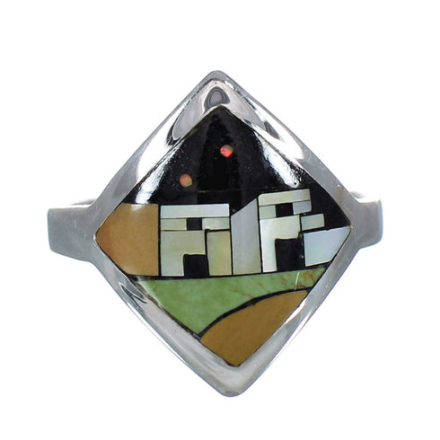 Silver Southwestern Native American Pueblo Multicolor Inlay Design Ring Size 6-3/4 YX78195