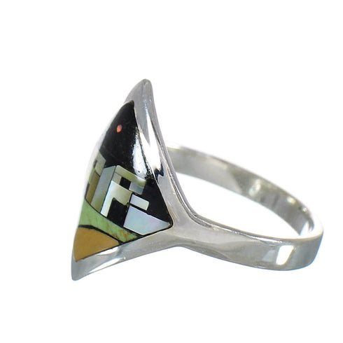 Multicolor Inlay And Silver Native American Village Design Ring Size 7-1/2 YX78199