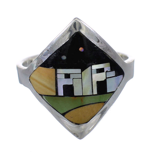 Southwestern Multicolor Inlay And Sterling Silver Native American Pueblo Design Ring Size 7 YX78212