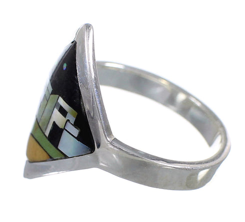 Southwestern Multicolor Inlay And Sterling Silver Native American Pueblo Design Ring Size 7 YX78212