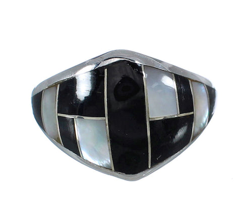 Jet And Mother Of Pearl Genuine Sterling Silver Southwestern Ring Size 7-3/4 WX60699