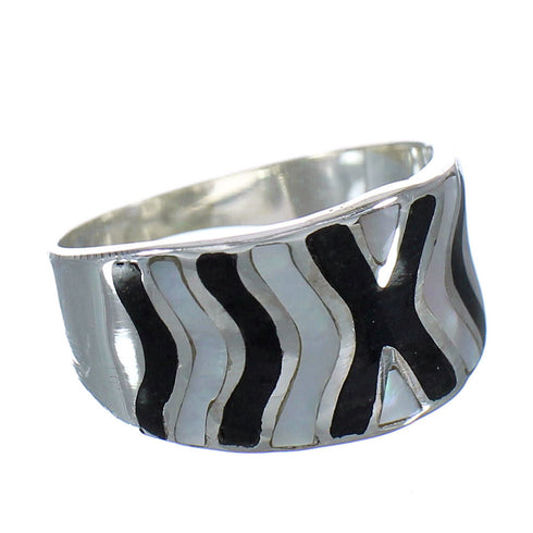 Jet Mother Of Pearl Inlay Authentic Sterling Silver Ring Size 7-1/2 RX92392