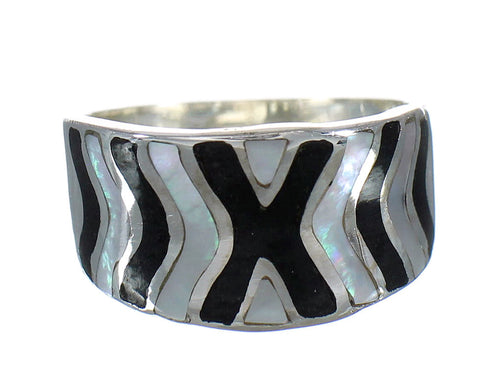 Jet Mother Of Pearl Inlay Authentic Sterling Silver Ring Size 7-1/2 RX92392