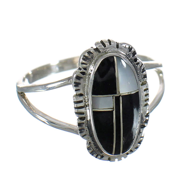 Sterling Silver Jet And Mother Of Pearl Inlay Ring Size 6 FX92593