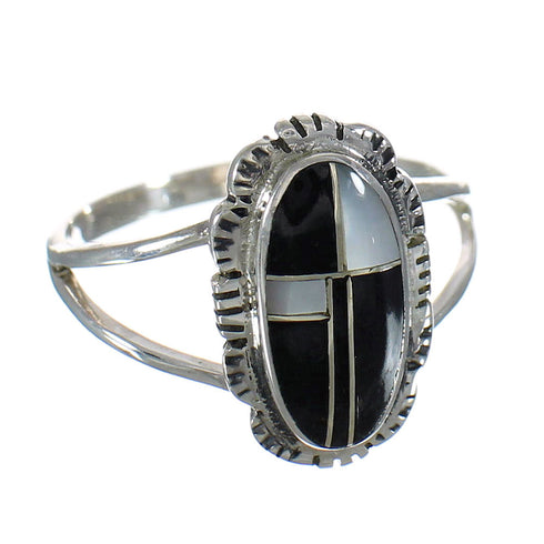 Sterling Silver Jet And Mother Of Pearl Inlay Ring Size 7-1/4 FX92706