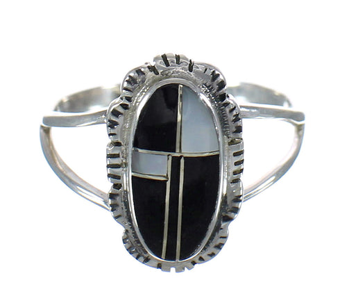 Jet And Mother Of Pearl Sterling Silver Jewelry Ring Size 8 FX92712
