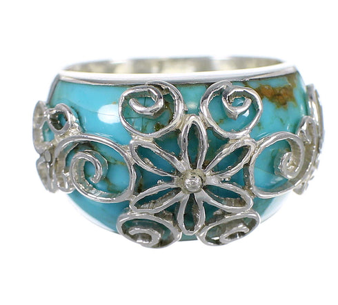 Southwestern Turquoise Inlay Authentic Sterling Silver Ring Size 6 AX79638