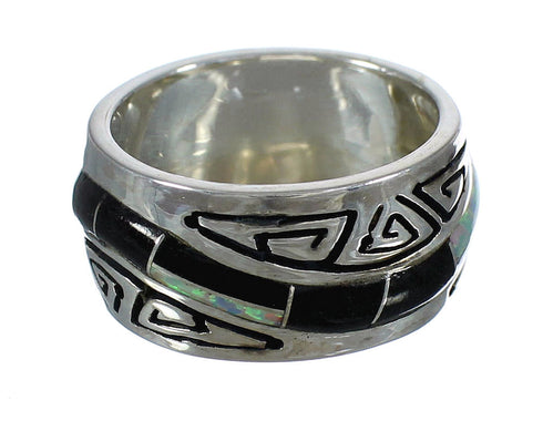 Jet And Opal Sterling Silver Water Wave Ring Size 4-3/4 AX82663