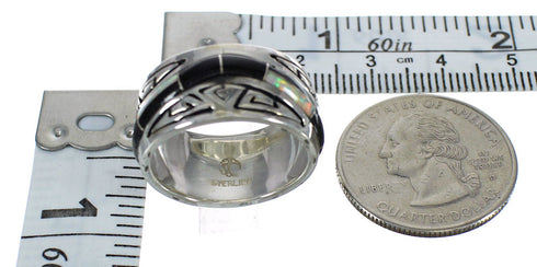 Jet And Opal Inlay Genuine Sterling Silver Water Wave Ring Size 5 AX82672