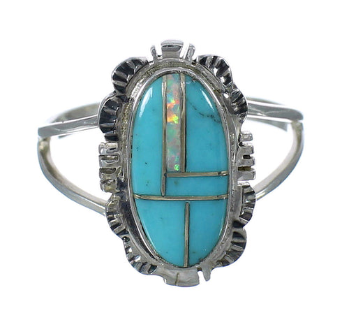 Turquoise And Opal Inlay Southwest Sterling Silver Ring Size 6-1/4 WX70286