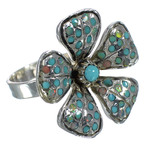 Turquoise And Opal Sterling Silver Flower Ring Size 7 WX70635