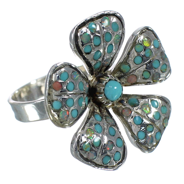 Turquoise And Opal Sterling Silver Flower Ring Size 7 WX70635