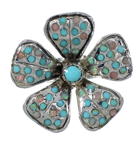 Turquoise And Opal Sterling Silver Flower Ring Size 7 WX70635