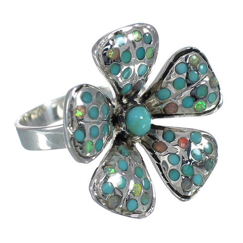 Sterling Silver Flower Turquoise And Opal Ring Size 7 WX70639