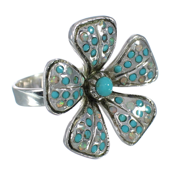 Opal And Turquoise Flower Southwestern Silver Ring Size 8-3/4 WX70710