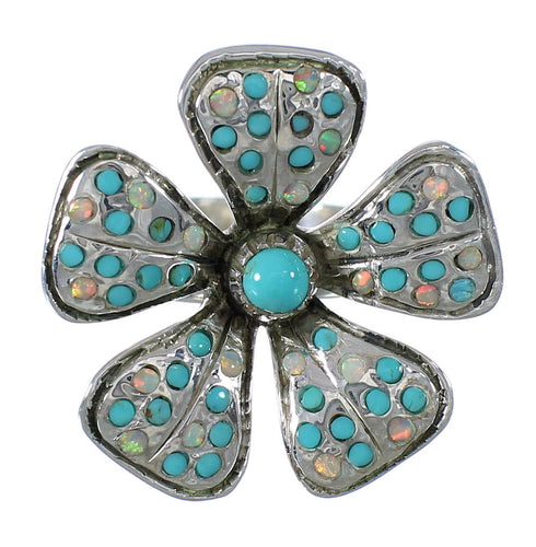 Southwest Turquoise And Opal Flower Silver Ring Size 6-1/2 WX70703